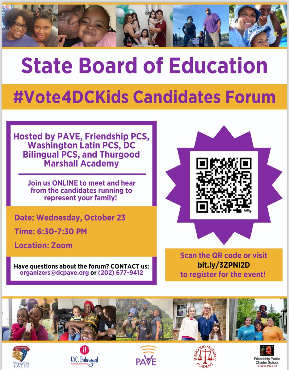 <a href="/dcpave/">PAVE (Parents Amplifying Voices in Education)</a>, in partnership with <a href="/FriendshipPCS/">Friendship PCS</a> <a href="/WashingtonLatin/">Washington Latin PCS</a> <a href="/TMAtalks/">Thurgood Marshall Academy</a> <a href="/DCBilingual/">DC Bilingual PCS</a>, will host a VIRTUAL #Vote4DCKids State Board of Education candidate forum on Wednesday evening. We invite you to be our guest! We look forward to “seeing” you there! RSVP here: