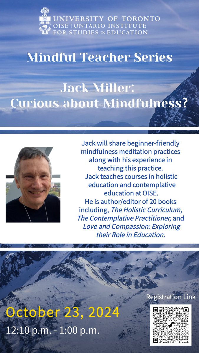 ✨Mindful Teacher Series✨
Dr. Jack Miller will be hosting "Curious about Mindfulness?", introducing beginner-friendly mindfulness meditation practices along with his experience in teaching this practice. See you there!  

⏰Oct 23, 2024 | 12:10 - 1:00pm
🔗forms.office.com/Pages/Response…