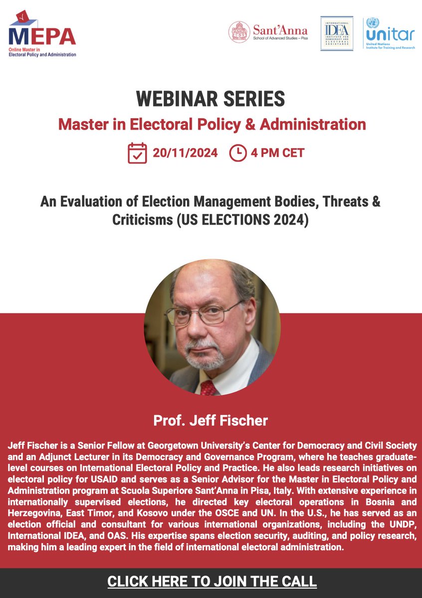 📢 Invitation to the Master in Electoral Policy and Administration (MEPA) Webinar!

We are excited to invite you to join us for an insightful webinar on US Elections 2024, featuring Professor Fischer.