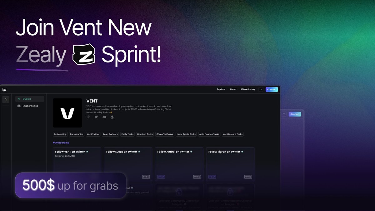 $500 up for grabs in the VENT Sprint on <a href="/zealy_io/">Zealy</a> 

We will also be hosting NFT raffles as a bonus for our most engaged members 🔥🔥

🗓Sprint runs till 2nd December!

Get started 👇
zealy.io/cw/vent/questb…

More info: vent.ec/zealy-medium