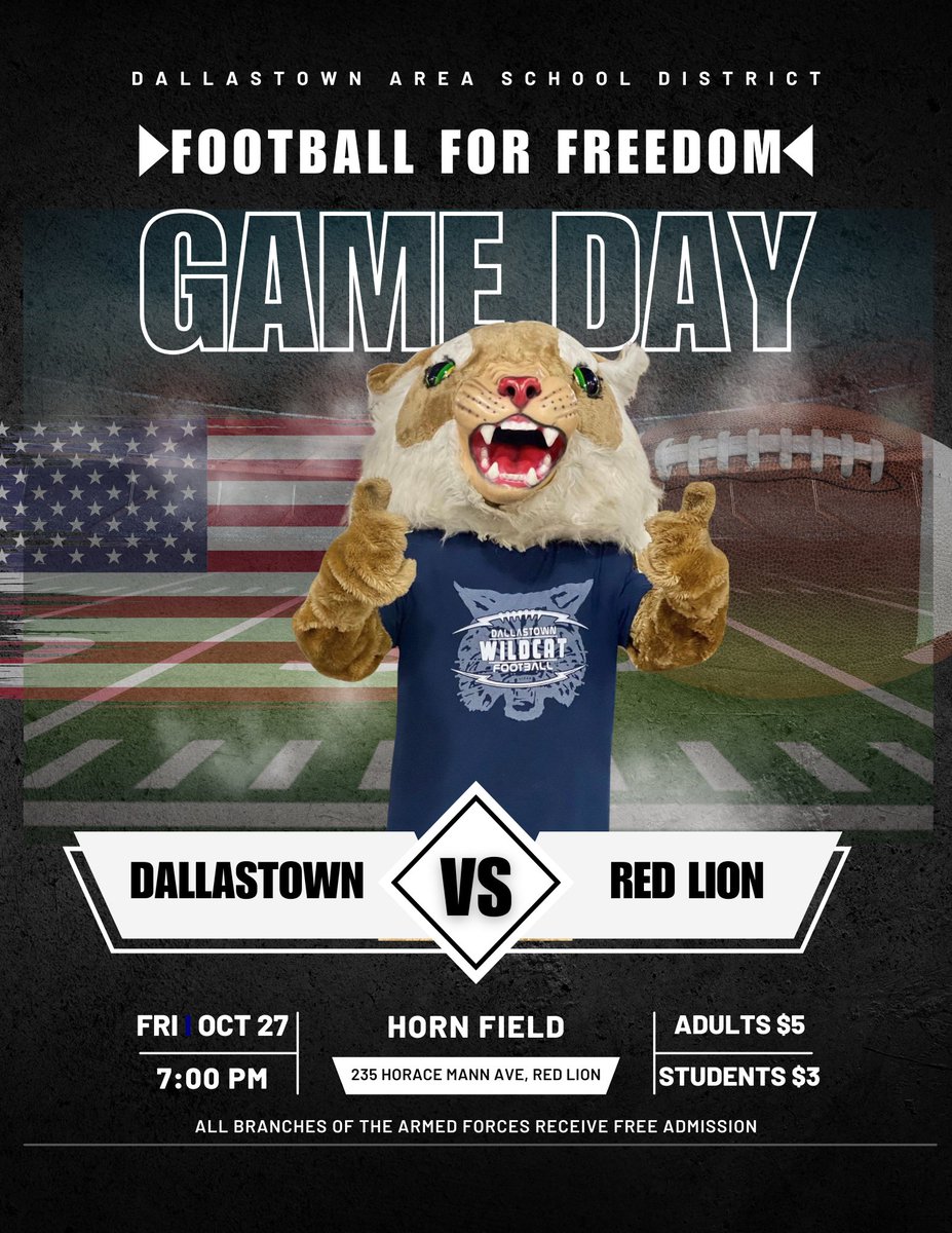 Football For Freedom this Friday! Join us in recognizing our incredible Military. All members (Active or Retired) will receive FREE Admission. <a href="/DTown_Football/">Dallastown Wildcats Football</a> <a href="/DT_Cheer/">Dallastown Cheer</a> <a href="/DTWildcatBand/">Dallastown Wildcat Band</a> <a href="/DtownHighSchool/">Dallastown Area HS</a>