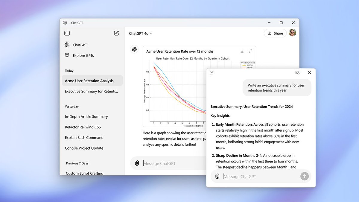 У ChtaGPT вышла официальная версия для Windows.

Правда она ещё находится в раннем доступе и в ней нет функции для голосового общения с нейросетью. Пока что десктопное приложение доступно только платным подписчикам.