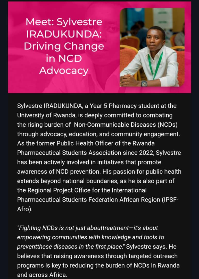 SylvestreIradu1's tweet photo. Thank you very much @RwandaNCDA for Considering my voice in Driving Changes in NCD Advocacy.This is really inspirational to me and my Colleagues who are working on their best to promote healthy Community free from Non-communicable diseases.
#ActsOnNCDs
#LeadOnNCDs
#HealthyforAll https://t.co/ufyVlMxsg4
