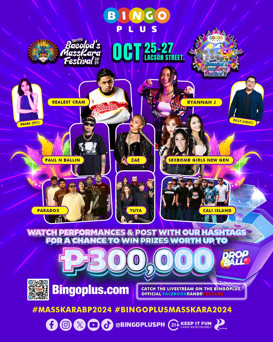Bingoplusph's tweet photo. HINDI PA TAPOS ANG EXCITEMENT! 

Halika, samahan niyo kaming makisaya sa Masskara Festival kasama ang inyong mga favorite artists, performers at social media influencers!

Syempre may chance pa kayong manalo, baka BingoPlus to? 300,000 worth of cash prizes ang aming ipamimigay sa October 25 - 27 sa BingoPlus stage located sa Lacson Street!

KITAKITS!

#BPDayMasskara2024 #BingoPlusDayMasskara2024 #ExcitingSayaWithBPMasskara #MasskaraBP2024 #BingoPlusMasskara2024 #ExcitingSayaWithBPBacolod