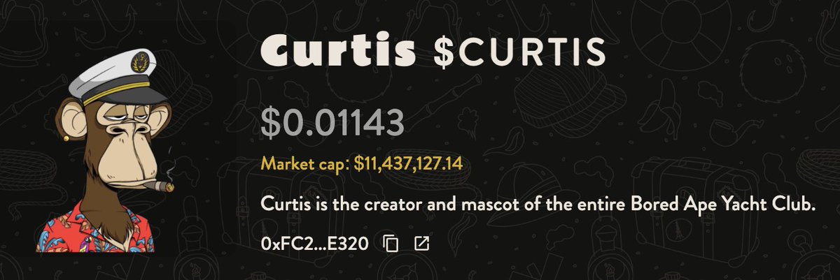 skittlewood's tweet image. Just aped 10,000 $APE into $CURTIS on Ape Chain @ ~$11m mkt cap.
Why?
1) Curtis is the main mascot and the most recognisable Ape of the entire Bored Ape & Yuga universe. From the sewers of Dookay Dash to the vast Otherside, that damn ape is everywhere.
2) Thus far only ~2% of…