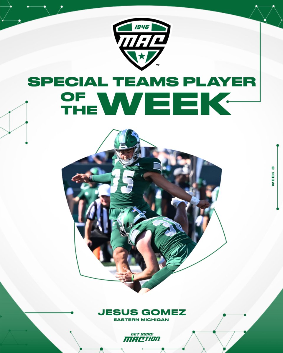 MACtion (@macsports) on Twitter photo ๐ Special Teams Player of the Week ๐
<a href="/Jesusgoju/">Jesus Gomez</a> had another perfect day kicking as the lefty went 3-for-3 in field goal attempts and 3-for-3 in PATs against Central Michigan to collect 12 points.
<a href="/EMUFB/">Eastern Michigan Football</a> | #MACtion ๐ Special Teams Player of the Week ๐
<a href="/Jesusgoju/">Jesus Gomez</a> had another perfect day kicking as the lefty went 3-for-3 in field goal attempts and 3-for-3 in PATs against Central Michigan to collect 12 points.
<a href="/EMUFB/">Eastern Michigan Football</a> | #MACtion