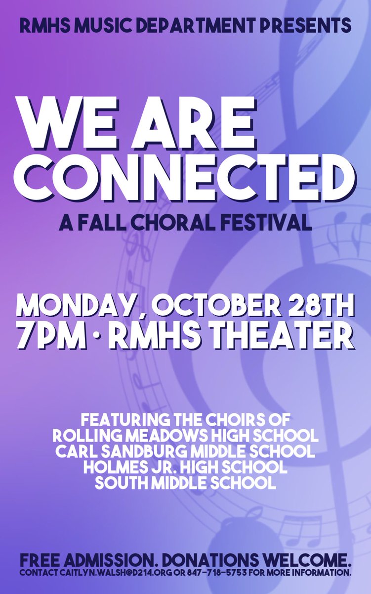 RMHS Choirs (@rmhs_choir) on Twitter photo We are ONE WEEK away from hosting all the wonderful singers from <a href="/csmswildcats/">Carl Sandburg Middle School</a> <a href="/D59Holmes/">Holmes Junior High</a> <a href="/AHSD25South/">South Middle School</a> !!! <a href="/RMFineArts/">RMHS Fine Arts</a> <a href="/RMMusicBoosters/">RMHS Music Boosters</a> <a href="/d214finearts/">d214finearts</a> <a href="/RMHSMUSTANGS/">Rolling Meadows HS</a> 🎶🎶🎶
Poster design <a href="/natecking/">Nate King</a> 💜 We are ONE WEEK away from hosting all the wonderful singers from <a href="/csmswildcats/">Carl Sandburg Middle School</a> <a href="/D59Holmes/">Holmes Junior High</a> <a href="/AHSD25South/">South Middle School</a> !!! <a href="/RMFineArts/">RMHS Fine Arts</a> <a href="/RMMusicBoosters/">RMHS Music Boosters</a> <a href="/d214finearts/">d214finearts</a> <a href="/RMHSMUSTANGS/">Rolling Meadows HS</a> 🎶🎶🎶
Poster design <a href="/natecking/">Nate King</a> 💜