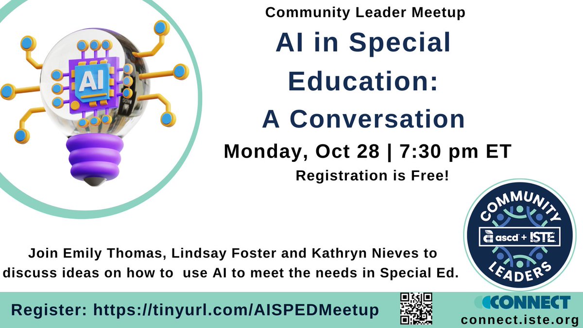 We can hardly wait to learn more about #AI and #SPED - with the wonderful <a href="/ektedtech/">Emily K-T</a> <a href="/LFTechTeach/">Lindsay Foster, M. Ed.</a>  <a href="/Ms_KatieNieves/">Katie Nieves Licwinko, Ed.D.</a>!!

And it's FREE - some come join this conversation with some of the best!

✅October 28 | 7:30 pm ET
✅ tinyurl.com/AISPEDMeetup
