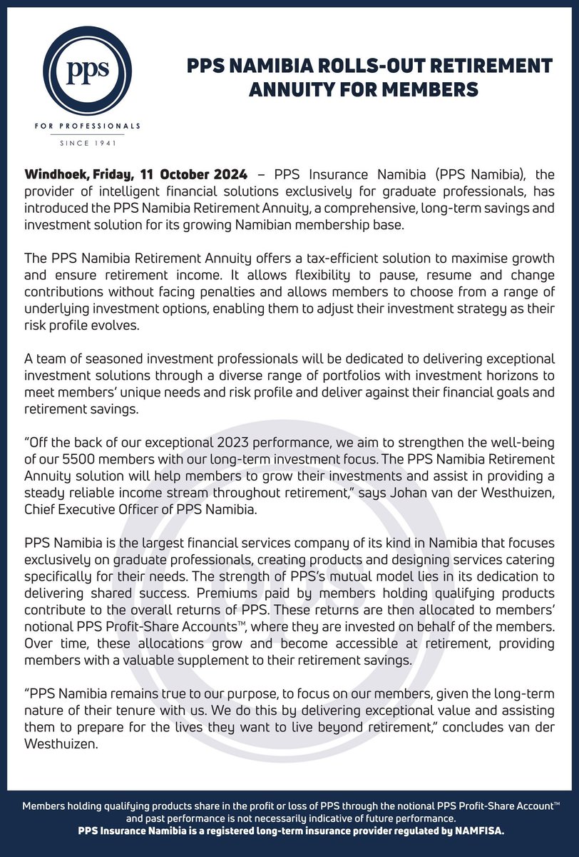 TheNamibian's tweet photo. AD | Exciting News!
PPS Namibia is proud to officially launch our new Retirement Annuity product, designed to help you secure your financial future. ๐
Start planning your next best chapter with us today!
#RALaunch #PPSNamibia #RetirementPlanning https://t.co/CwKtHk3mX7