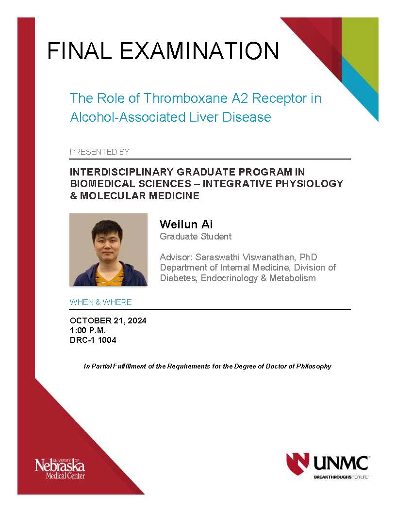 UNMC Physiology (@unmc_physiology) on Twitter photo Weilun Ai, IPMM PhD student, is presenting for his final oral examination at 1:00 p.m. His talk is titled "The Role of Thromboxane A2 Receptor in Alcohol-Associated Liver Disease." @Gundrylab <a href="/UNMC_CHVR/">UNMC Center for Heart and Vascular Research</a> Weilun Ai, IPMM PhD student, is presenting for his final oral examination at 1:00 p.m. His talk is titled "The Role of Thromboxane A2 Receptor in Alcohol-Associated Liver Disease." @Gundrylab <a href="/UNMC_CHVR/">UNMC Center for Heart and Vascular Research</a>