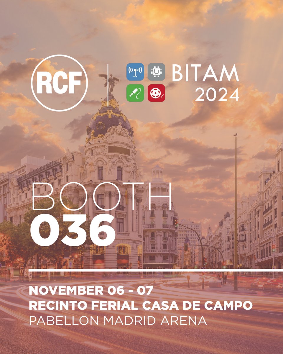 rcf_audio's tweet photo. Come to visit RCF at BITAM Show in Madrid 🎉
-
November 6th and 7th, 2024
◾️ Booth 036
📍 Recinto Ferial Casa De Campo | Pabellon Madrid Arena
-
-
#RCFaudio #ExperienceRCF #fair #exhibition #BITAM #BITAMShow #BITAM2024 #audioengineering #soundculture #RCFsound #soundengineer https://t.co/5IYJjAqOzT
