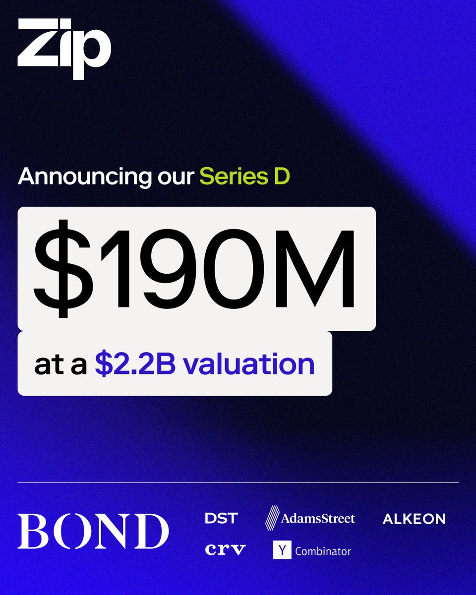 theziphq's tweet image. 🚀 We’re thrilled to announce Zip has raised $190M in Series D funding, bringing our valuation to $2.2B! Led by @bondcap , with new investors @dst_global, Adams Street, and @AlkeonCapital , plus continued support from @ycombinator and  @CRV. ziphq.com/blog/series-d 

This is the…