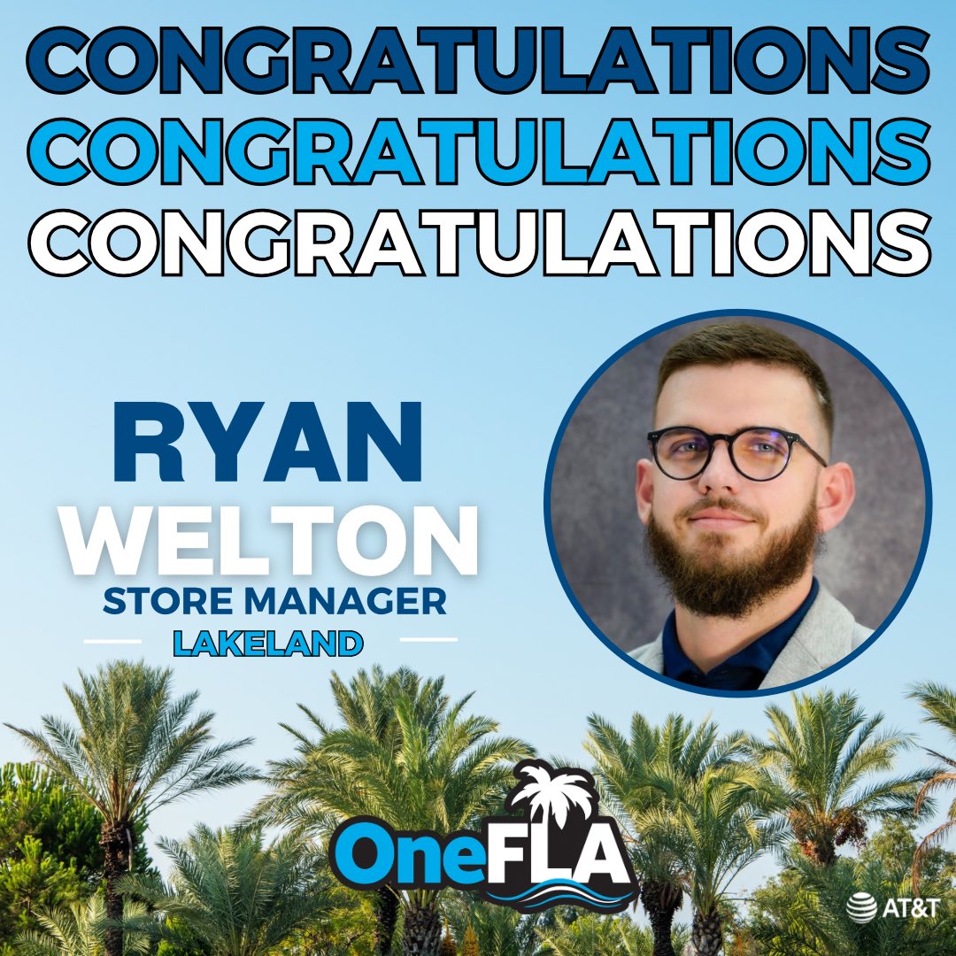 🎉🎉 Join us in congratulating Ryan Welton on this well-deserved promotion! Drop by the store Lakeland Store to say hello and experience firsthand the amazing changes coming our way under his guidance. #OneFLA 😎🌴#LifeAtATT #ItsAFloridaThing