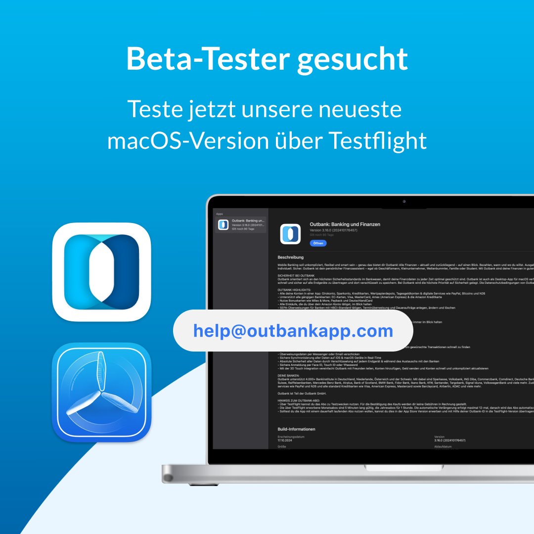 Hast du Lust die neusten Funktionen der #Outbank-macOS-Version bereits vor der offiziellen Freigabe via Testflight zu testen? Dann ist das deine Chance: Fordere deine Einladung über die E-Mailadresse help@outbankapp.com bei uns an und leg los!

#testflight #betatest #outbankapp