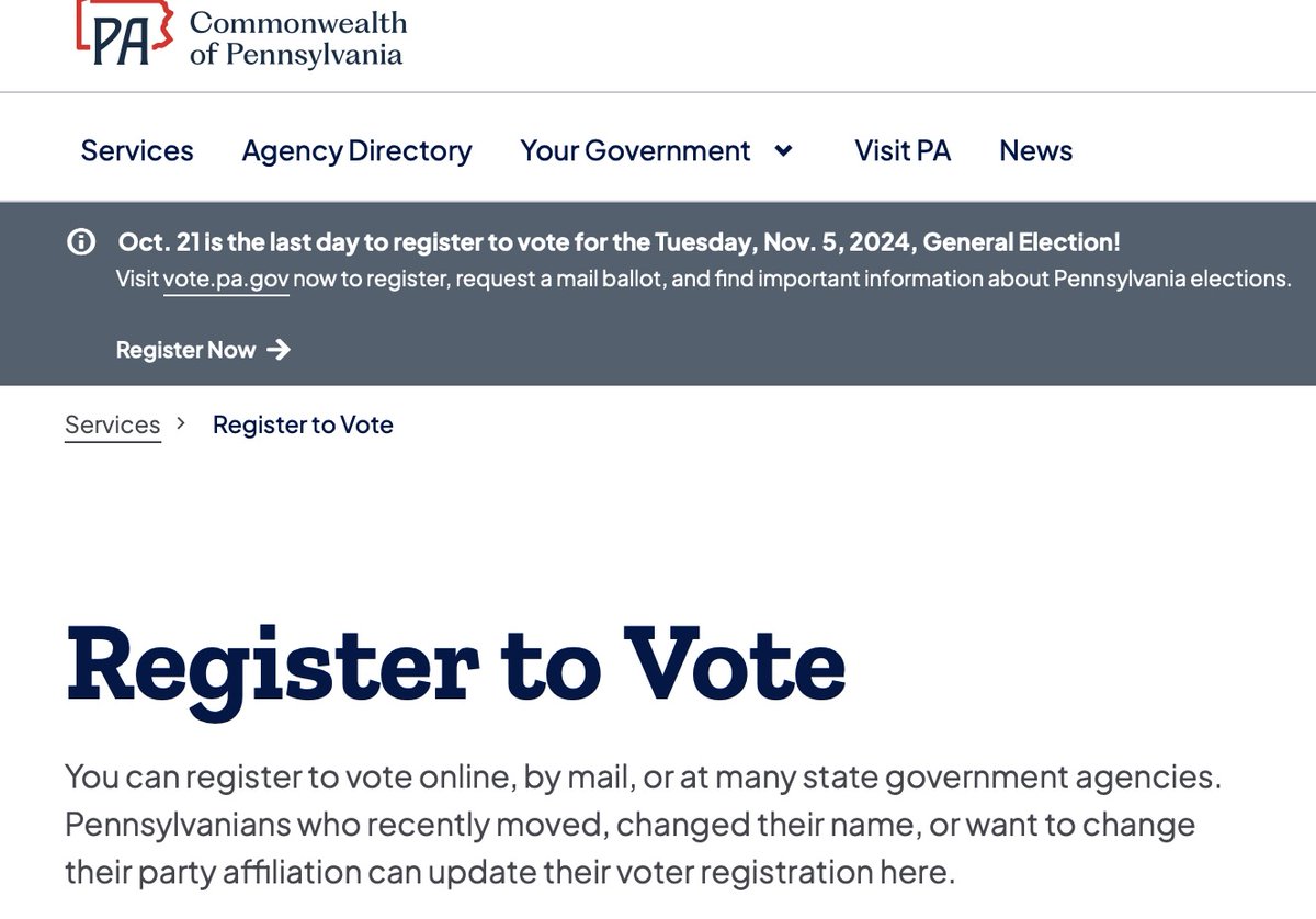 Important for all possible Pennsylvania voters:
Today is the final day you can register for the 2024 election.  Here is an online link:
pa.gov/en/services/vo…