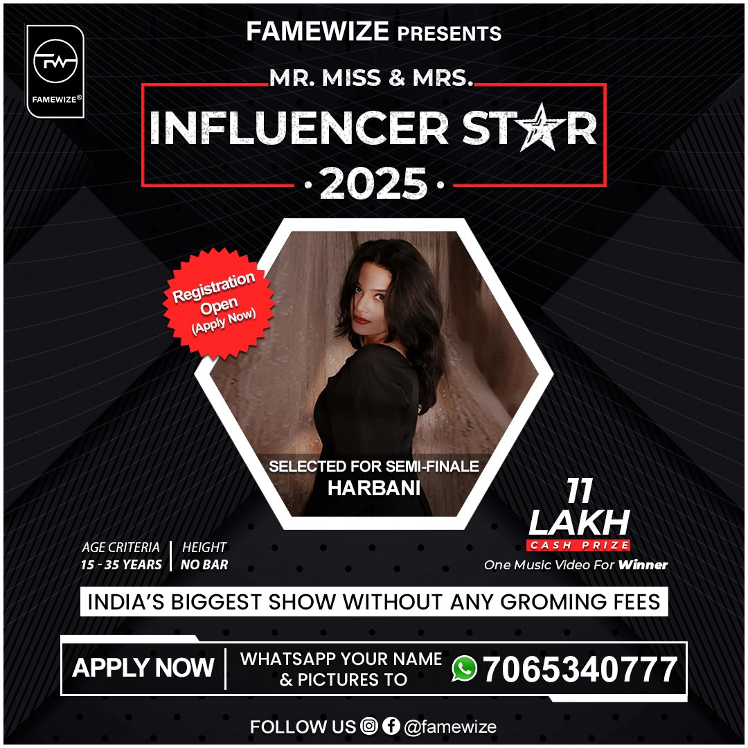 famewize's tweet photo. Congratulations dears selected for the semi-finale of Mr. Miss &amp; Mrs. Influencer Star - 2025,
ALKA, AYUB, SABIR, DAYA, RAJAT, HARBANI, RIYA, AMAN, ADITYA &amp; NISHA For Being A Part Of @famewize.

• Register Now
Send Your Name &amp; Pictures 7065340777 
Or DM @famewize

#famewize #fw https://t.co/7YbZhUQEmU