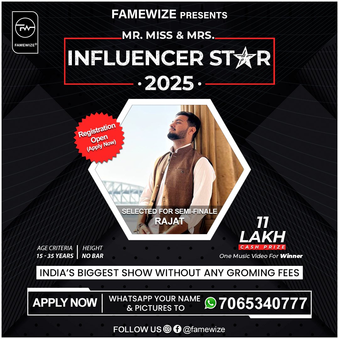 famewize's tweet photo. Congratulations dears selected for the semi-finale of Mr. Miss &amp; Mrs. Influencer Star - 2025,
ALKA, AYUB, SABIR, DAYA, RAJAT, HARBANI, RIYA, AMAN, ADITYA &amp; NISHA For Being A Part Of @famewize.

• Register Now
Send Your Name &amp; Pictures 7065340777 
Or DM @famewize

#famewize #fw https://t.co/7YbZhUQEmU