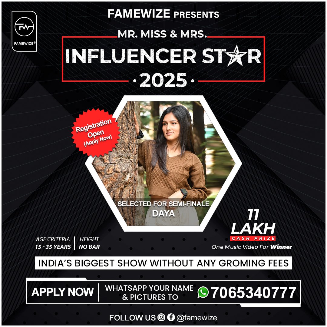 famewize's tweet photo. Congratulations dears selected for the semi-finale of Mr. Miss &amp; Mrs. Influencer Star - 2025,
ALKA, AYUB, SABIR, DAYA, RAJAT, HARBANI, RIYA, AMAN, ADITYA &amp; NISHA For Being A Part Of @famewize.

• Register Now
Send Your Name &amp; Pictures 7065340777 
Or DM @famewize

#famewize #fw https://t.co/7YbZhUQEmU