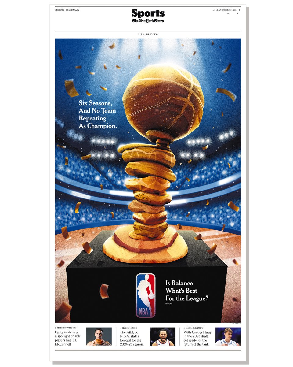 Is balance good for the NBA? In the last six years we had six different teams winning the ring. I’m proudly presenting my illustration for the <a href="/nytimes/">The New York Times</a> sports. Magically art directed by the legend <a href="/timothyoliver/">timothyoliver</a>

I’m so proud to be so “big” in the best newspaper in the world.