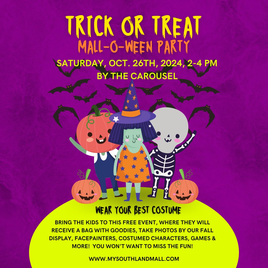Join us Oct. 26 for our Mall-O-Ween Celebration. Bring the family to this FREE event taking place by the carousel from 2-4 PM. Kids will receive a bag with goodies, take photos by our display with characters, face painters, balloon sculptors, cotton candy, popcorn &amp; more! 🎃👻