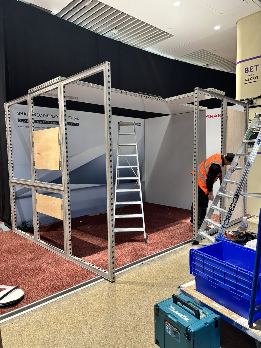 Rhyno_24's tweet photo. Stand build underway, at @Ascot, in readiness for @MidwichLtd #TechXpo24.
Drop into Booth 21, to discuss the latest from @SharpNEC_UK #displaysolutions, as well as learn about our #SustainableTechnology!
#dvLED #ePaper #MultiSync #Collaboration #Projection #AVTweeps #AVBrits🇬🇧 https://t.co/E3qrmYX3e9