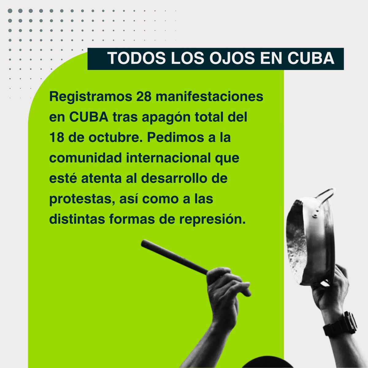 🔴 ¡Todos los ojos en #Cuba! Hemos registrado al menos 28 protestas en el país en los últimos días desde que el pasado 18 de octubre colapsó el sistema eléctrico nacional, profundizando la crisis general que sufren las familias cubanas.

⚠ Hasta la noche del día 20, de acuerdo
