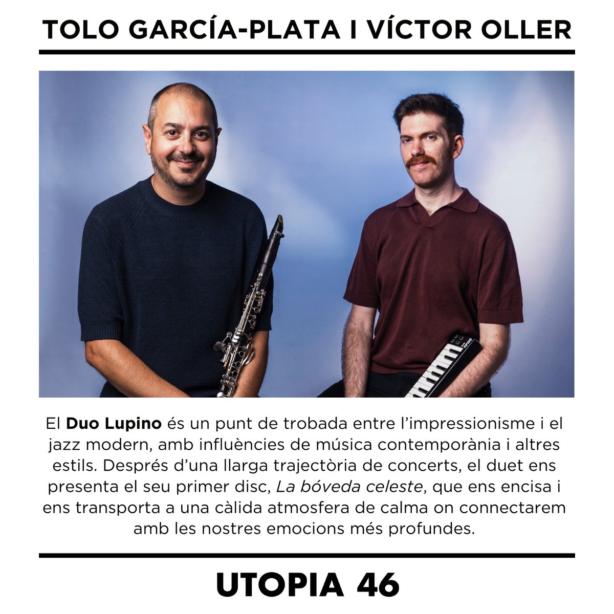 Si ets amant del jazz modern i l'impressionisme, no et pots perdre el #concert de piano i clarinet del #DuoLupino🎹

🗓️T'esperem el 30 d'octubre a les 19.00h a UTOPIA 46, C/Sant Pere Més Alt 46, Barcelona

Compra aquí les teves entrades👇
ticketic.org/ca/entrades/du…