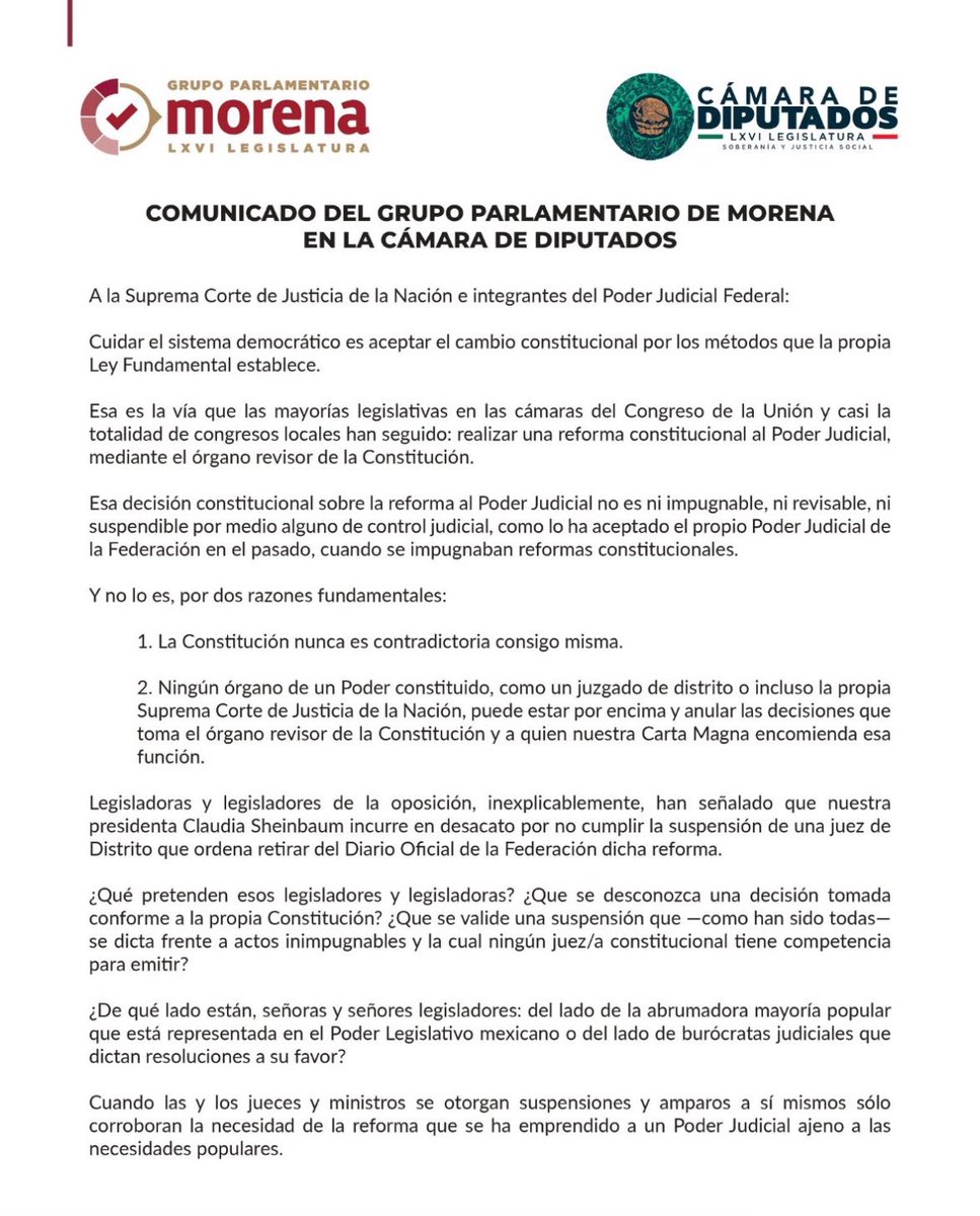 Jaime López Vela🏳️🌈🏳️⚧️ (@jaimelopezvela) on Twitter photo Las y los diputados estamos con la presidenta <a href="/Claudiashein/">Claudia Sheinbaum Pardo</a> los jueces que han otorgado amparos que pretenden detener la #ReformaAlPoderJudicialYaQuedo , carecen de facultades para hacerlo. No hay recurso legal vs una reforma constitucional, el extralimitarse es motivo de sanción Las y los diputados estamos con la presidenta <a href="/Claudiashein/">Claudia Sheinbaum Pardo</a> los jueces que han otorgado amparos que pretenden detener la #ReformaAlPoderJudicialYaQuedo , carecen de facultades para hacerlo. No hay recurso legal vs una reforma constitucional, el extralimitarse es motivo de sanción