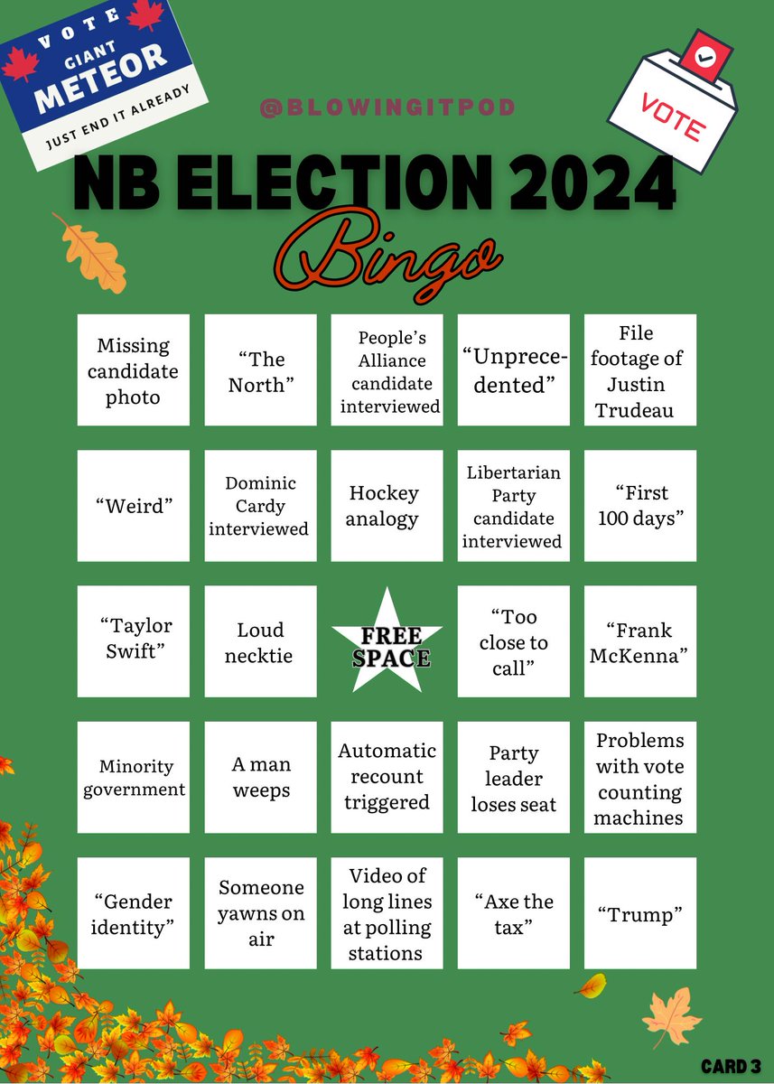BlowingItPod's tweet photo. Back on Elmo’s hellsite to let you know we made bingo cards for you to use as the results of #nbelection come in. Printable versions here: https://t.co/4vUoXZIM2d May god have mercy on us all. 🙏 #nbpoli https://t.co/Rk7x0YuyKS