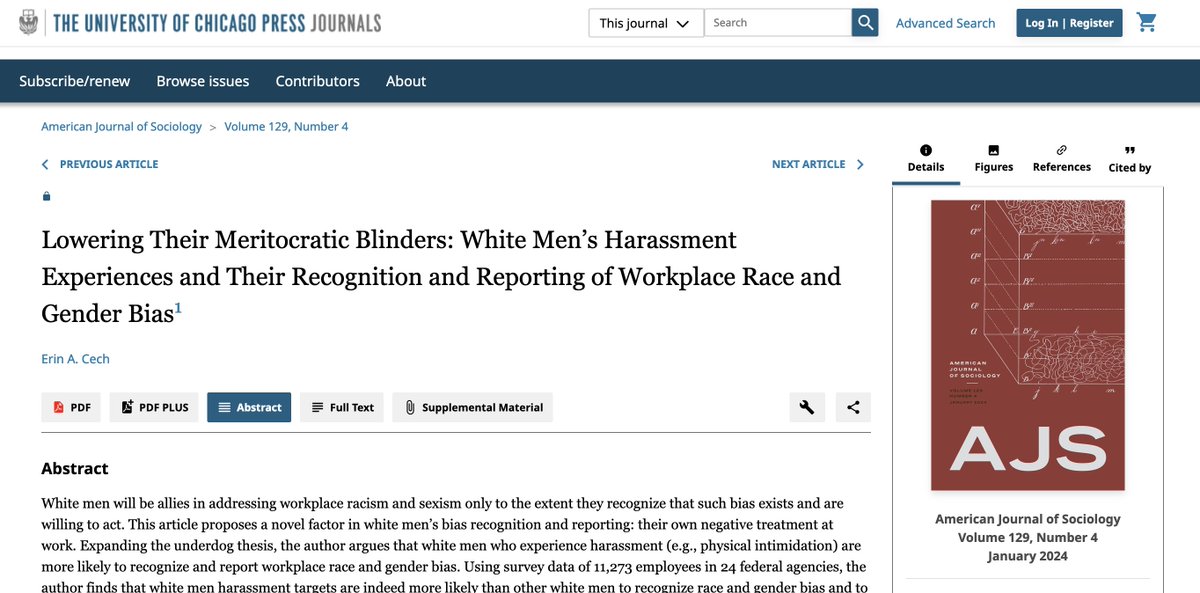 White men need to be allies in recognizing and reporting discrimination. <a href="/CechErin/">Erin A. Cech (she/her)</a> finds that White men who  experience harassment are more likely to report discrimination &amp; more skeptical of meritocracy. New research in AJS: journals.uchicago.edu/doi/abs/10.108… <a href="/GenderEconomy/">Institute for Gender and the Economy</a> <a href="/EconSociology/">Economic Sociology & Political Economy</a>