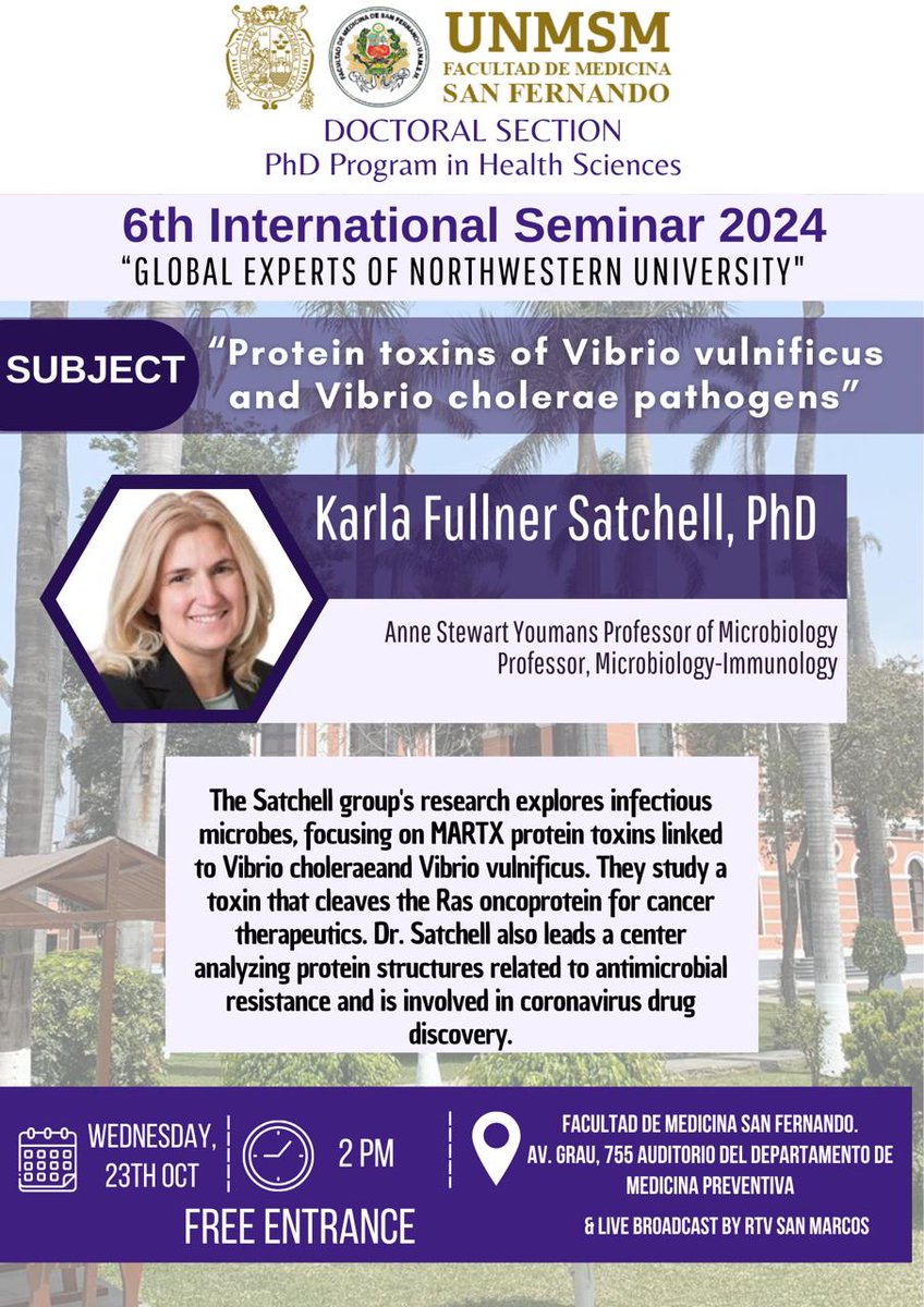 Los invitamos al 6.º Seminario Internacional 2024, titulado “Protein toxins of Vibrio vulnificus and Vibrio cholerae pathogens”. 🦠
Fecha: miércoles 23 de octubre a las 2 PM
Lugar: Auditorio del Dpto. de Medicina Preventiva, Facultad de Medicina San Fernando, Av. Grau 755.