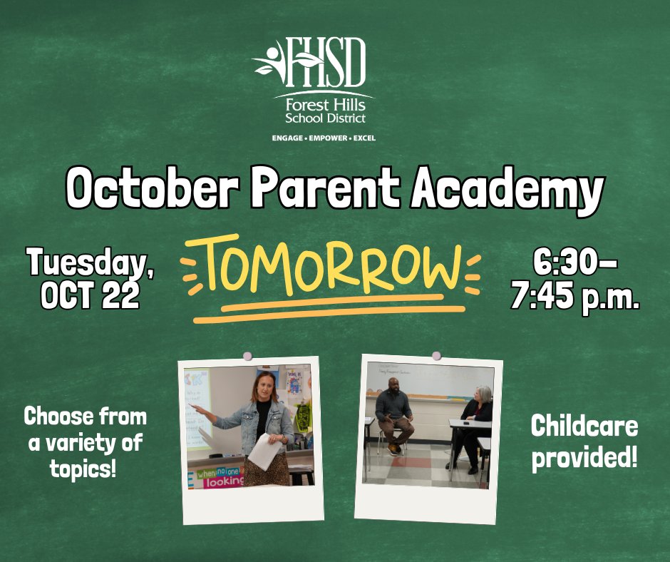 TOMORROW is our first Parent Academy of the school year! Join us from 6:30-7:45 p.m. at Nagel and choose from a variety of topics and discussions. Childcare is provided. See you there!