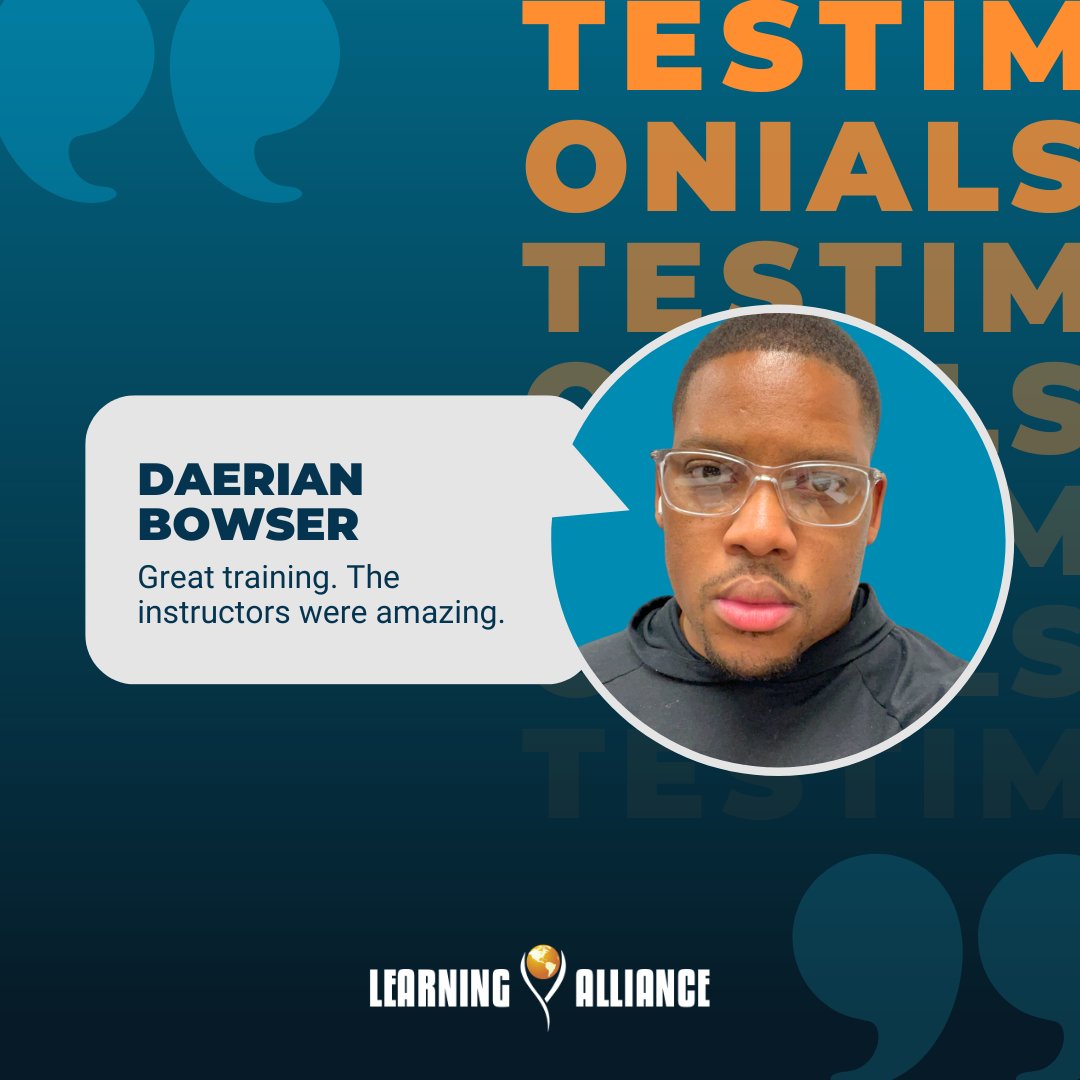 Learng_Alliance's tweet photo. Get to know our student's experiences! Daerian Bowser commented "Great training. The instructors were amazing!" #ShapingFutures #LACinspires #TelecomTechs #Wireless #Training #FiberOptics #TowerClimbers #Broadband #StudentTestimonial https://t.co/9xop5bpztz https://t.co/eHPMwseFnq