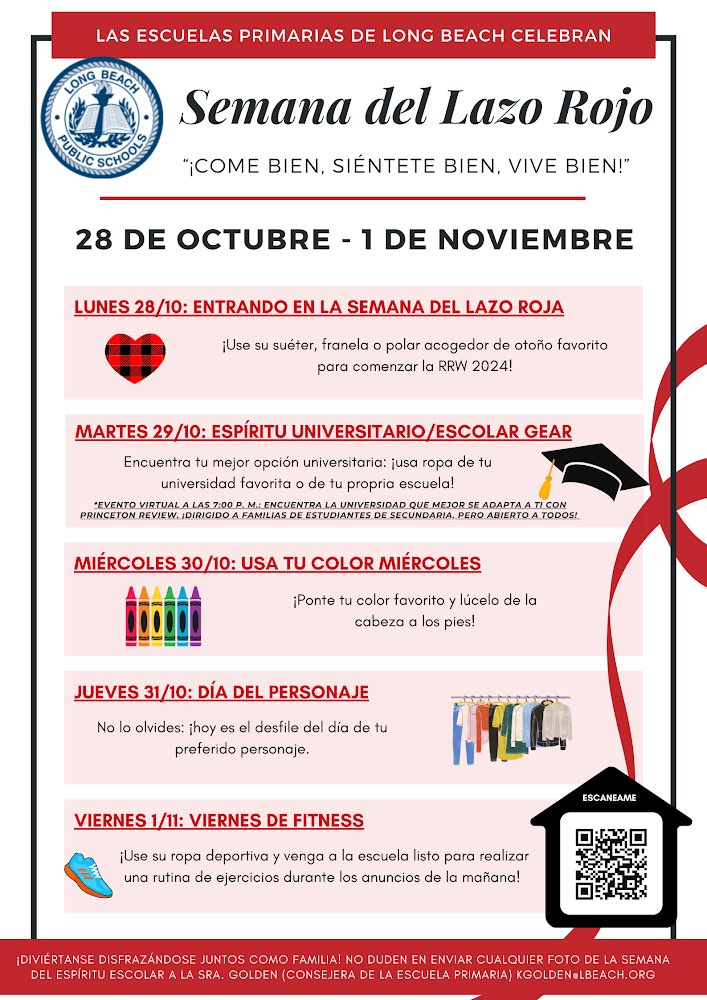 Kirstyn Golden (@msgoldenlb) on Twitter photo Don’t forget <a href="/LBSchoolsNY/">LongBeachSchools</a> elementary schools are celebrating #RedRibbonWeek next week - here is the info for our spirit week!
Remember “Eat Well, Feel Well, Live Well!”
🚨❤️🍎🍉🖍️🎒 Don’t forget <a href="/LBSchoolsNY/">LongBeachSchools</a> elementary schools are celebrating #RedRibbonWeek next week - here is the info for our spirit week!
Remember “Eat Well, Feel Well, Live Well!”
🚨❤️🍎🍉🖍️🎒