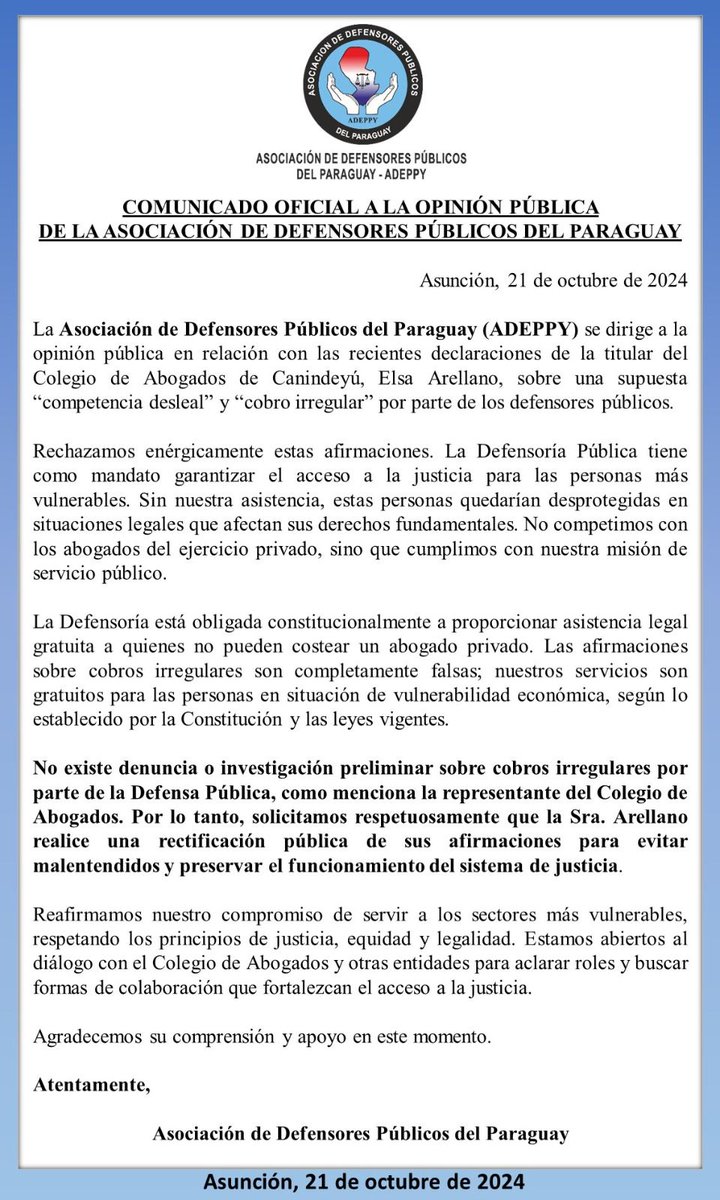 mysoilan's tweet photo. 📍Comunicado de la Aso de Defensores Públicos del Paraguay👇 Rechazan acusaciones hechas por la  presidenta del "Colegio de Abogados de Canindeyú" quien manifestó  que los defensores públicos cobran en forma irregular y solicitan que la misma se rectifique en sus dichos. https://t.co/95Rp6pEsKU