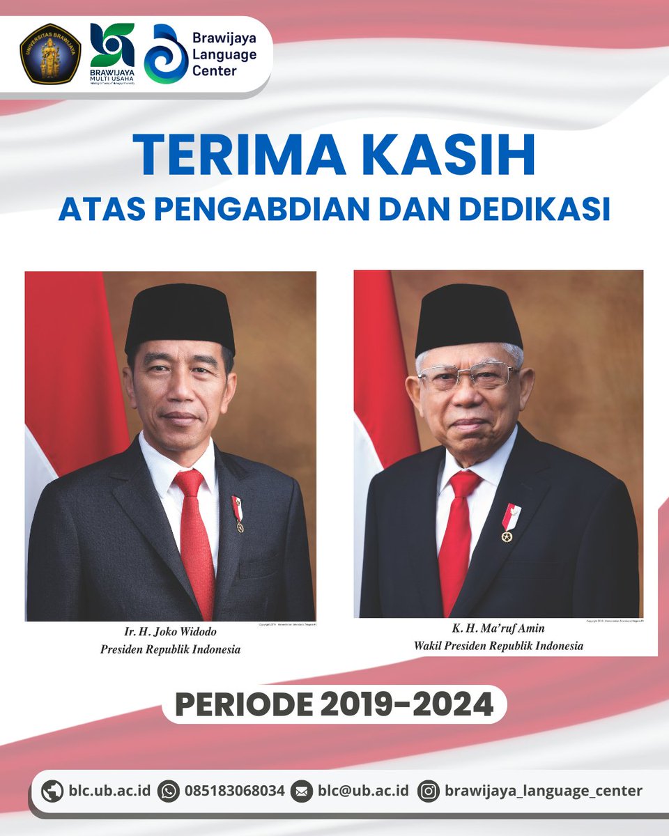 Terima kasih kepada Bapak Ir. H. Joko Widodo sebagai Presiden dan Bapak K.H. Ma'ruf Amin sebagai Wakil Presiden RI 2019-2024 dan selamat bertugas kepada Bapak Jenderal TNI (Purn) H. Prabowo Subianto sebagai Presiden dan Bapak Gibran Rakabuming sebagai Wakil Presiden RI 2024-2029