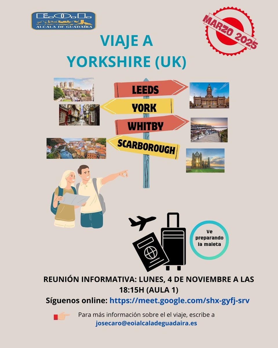 Viaje del Departamento Inglés a Yorkshire (UK)

El lunes 4 de noviembre tendrá lugar la reunión informativa del viaje que está organizando el Departamento de Inglés. La reunión tendrá lugar a las 18:15 en el aula 1 o en el siguiente elace: 
meet.google.com/shx-gyfj-srv