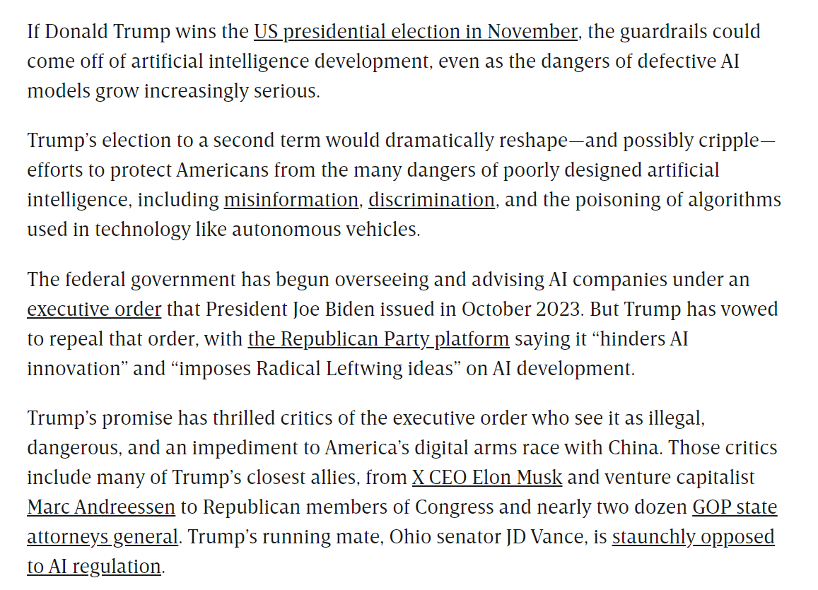 NEW: Trump has promised to scrap Biden's AI executive order if he wins re-election. What would that mean for Biden's AI safety and security agenda?

My <a href="/WIRED/">WIRED</a> story explores why conservatives hate these projects and why many experts say they're vital: wired.com/story/donald-t…