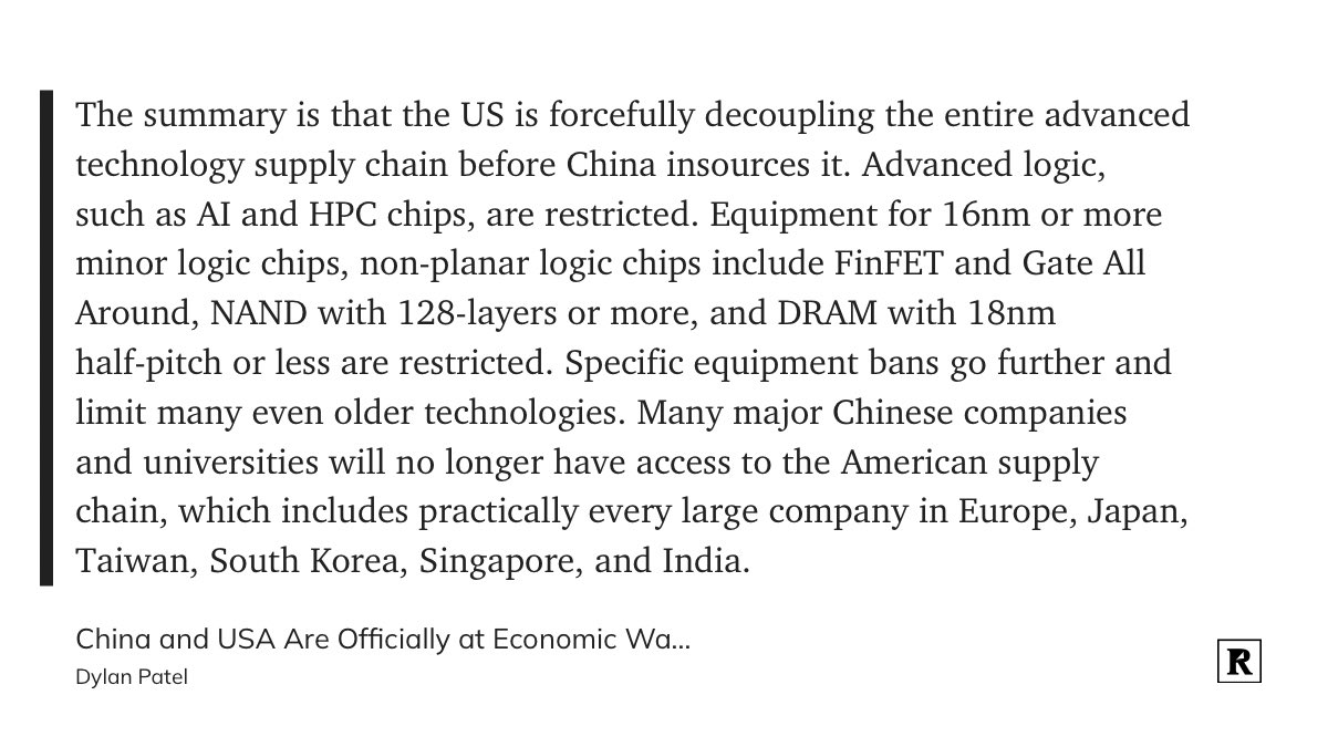 LachlanHughes17's tweet image. The U.S. is fast-tracking efforts to sever China’s access to advanced tech, placing major restrictions on AI, chipmaking tools, and more. This move aims to block China’s progress before it can fully insource, affecting the entire global supply chain. #TechDecoupling