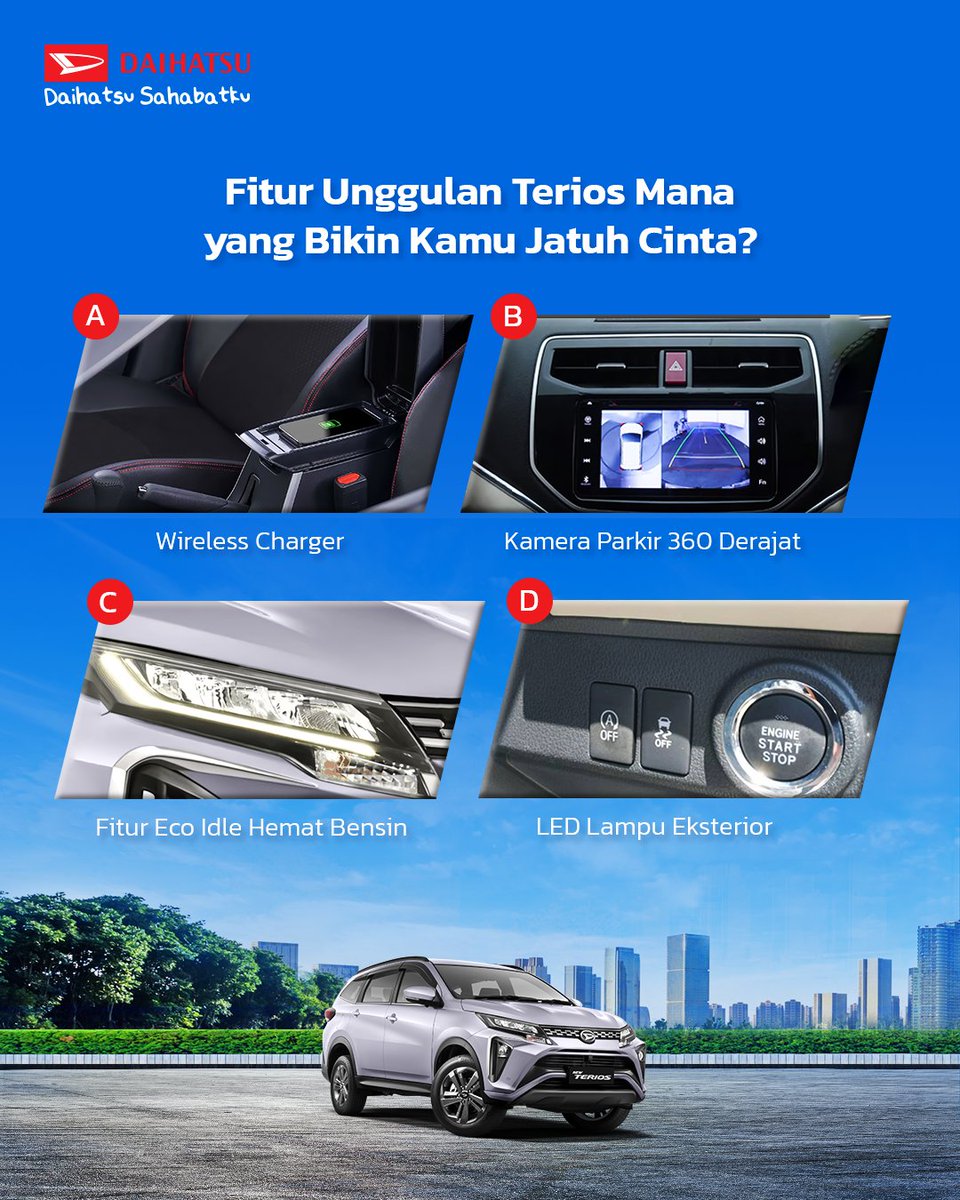 DaihatsuInd's tweet photo. 🚗💨 Polling Seru! 💨🚗

Guys, saat naik Daihatsu terios, fitur apa sih yang bikin kalian merasa paling nyaman? 😍
Yuk, vote di bawah ini! 

A. Wireless Charger
B. Kamera Parkir 360 Derajat
C. Fitur Eco Idle hemat bensin
D. LED Lamp Eskterior

#NyamanBersamaDaihatsu https://t.co/cQFeZzkv5C