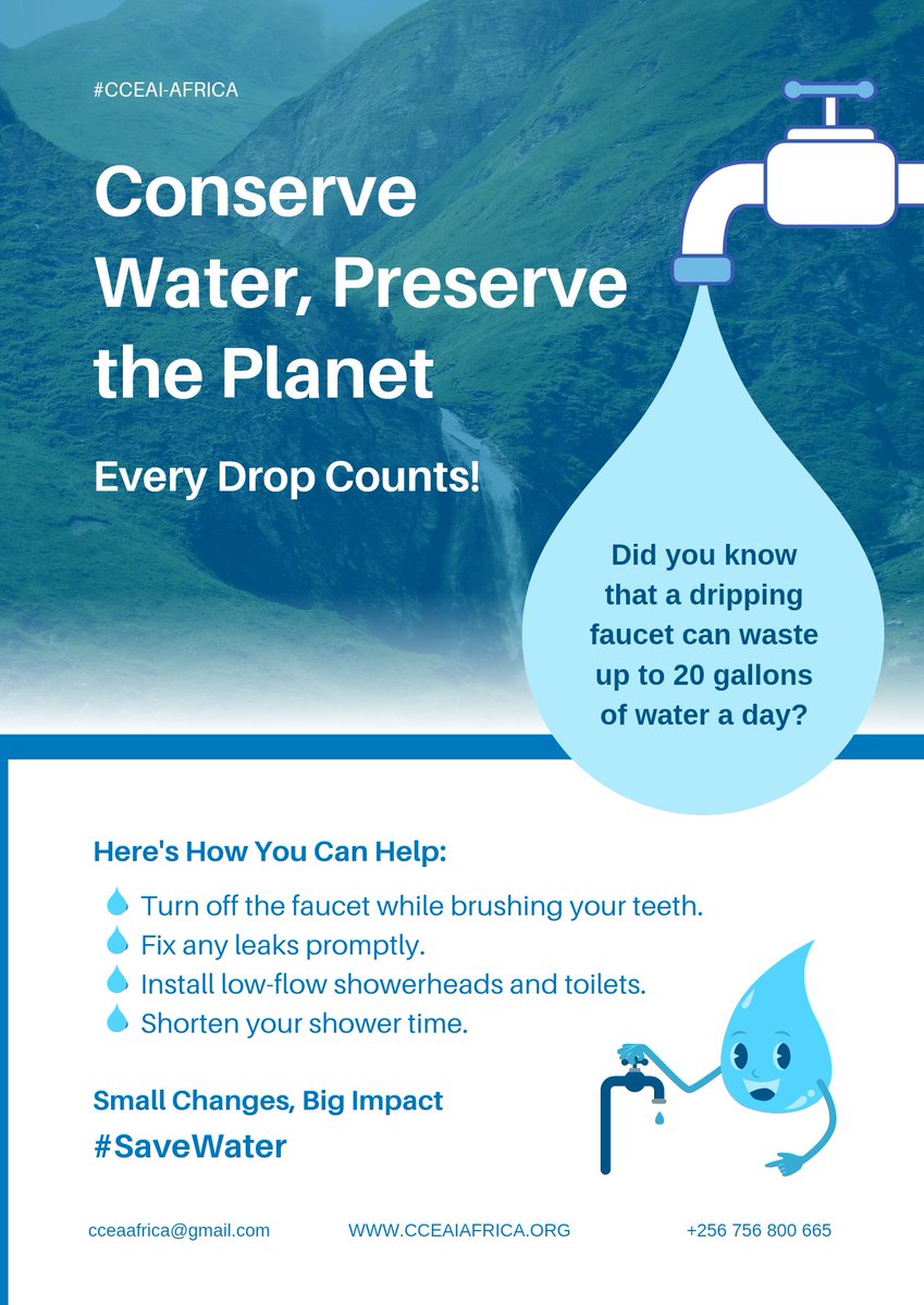 cceai_africa's tweet image. "Conserve water 💧, Ensure Tomorrow. "

Fix leaks,use efficiency appliances,and take shorter showers 🚿  .

Every drop counts.

#SmallChange #BigImpacts 
#SaveWater