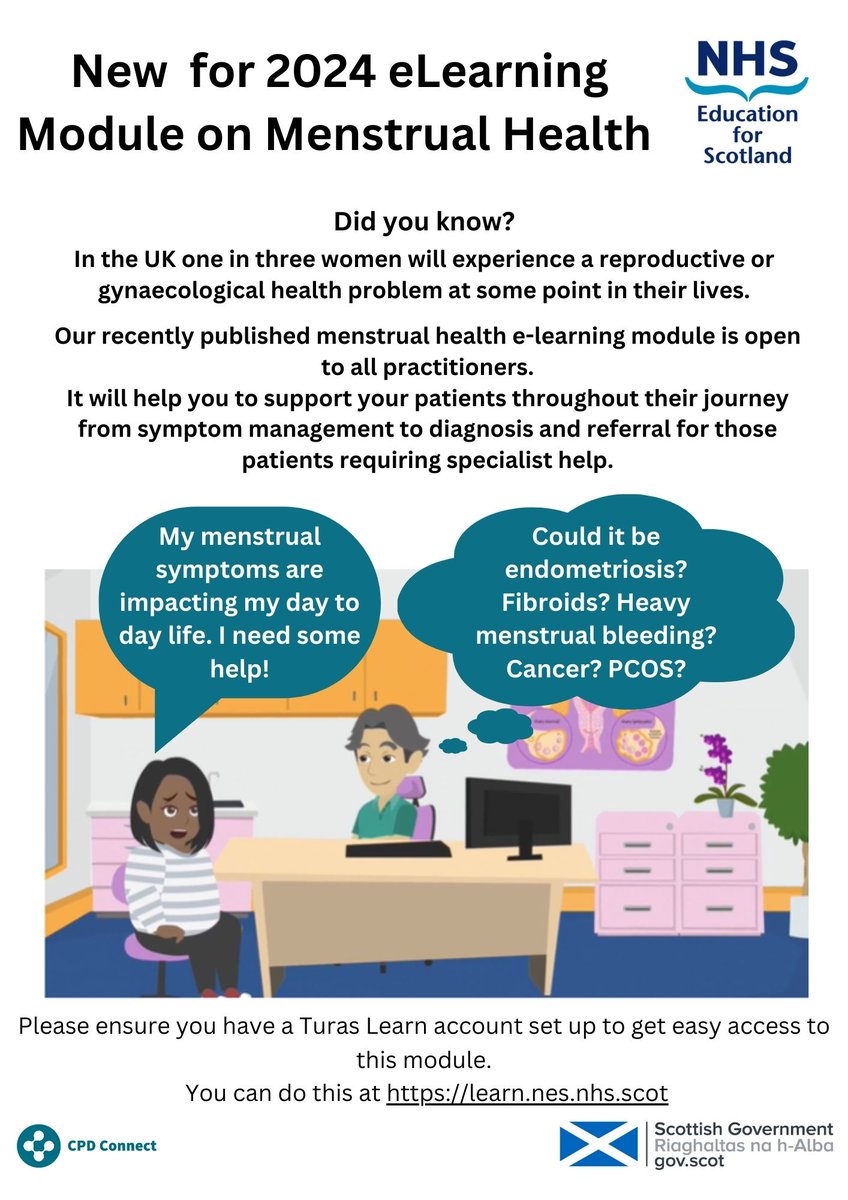 New for 2024: eLearning Module on Menstrual Health

This module is available now at this link: learn.nes.nhs.scot/76736

This resource is free to access and open to all practitioners in Scotland. To access you just need a Turas Learn account.