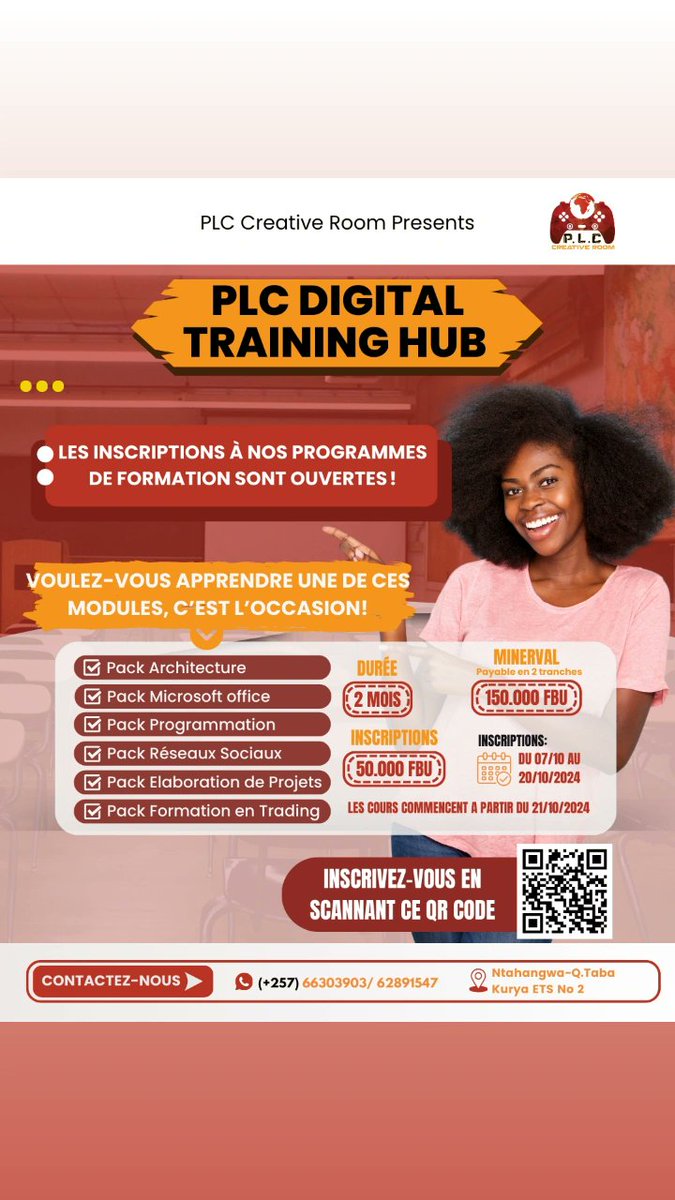 Bwitonzi1er's tweet image. Il est encore temps de rejoindre cette aventure ! Les inscriptions restent ouvertes jusqu&apos;au 26/10/2024. Ne manquez pas cette chance d&apos;acquérir des compétences essentielles dans les métiers du digital. 💻

#PlayLearnCreate 
#Burundi #Abatwip