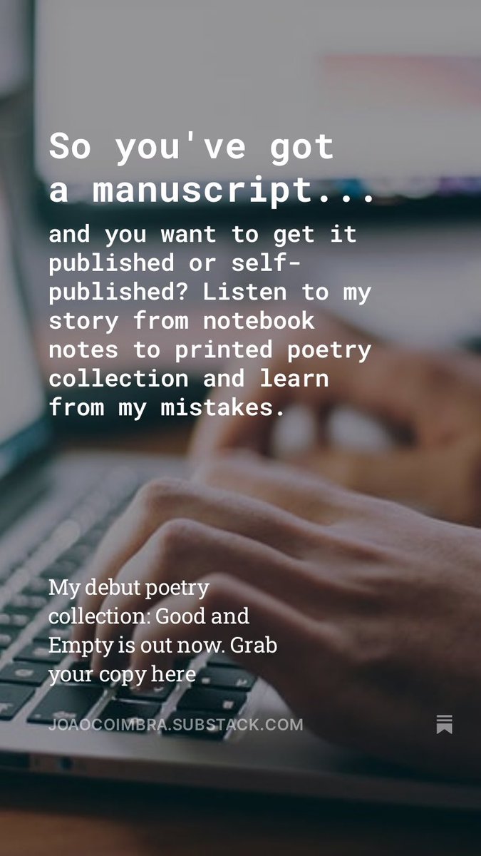 So you’ve got a manuscript you say? Read my latest Substack to find some helpful publishing tips. 
#substack  #publishing #poetry

open.substack.com/pub/joaocoimbr…