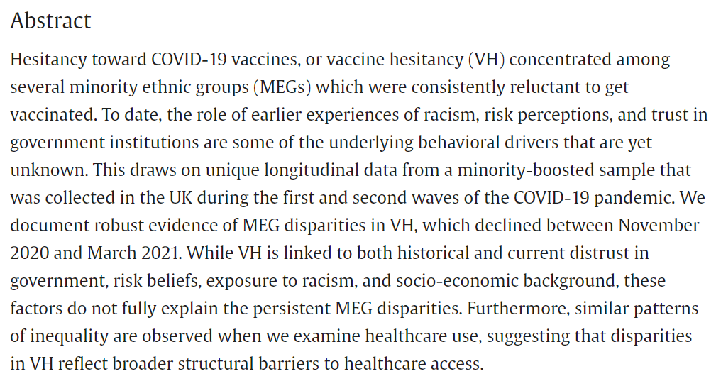 Just accepted: "Discrimination Backfires? Minority Ethnic Disparities in Vaccine Hesitancy", by Costa-Font (@JoanCostaiFont) and Docrat. Link: doi.org/10.1016/j.ehb.…