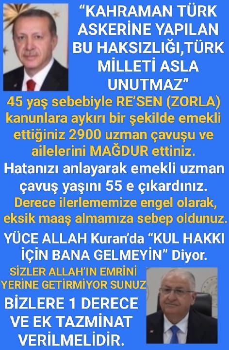 <a href="/alitilkici38/">Ali Tilkici 🇹🇷</a> DÜNYANIN HİÇBİR ÜLKESİ,
VATANI İÇİN TERÖRLE MÜCADELE ETMİŞ,
VATANI İÇİN CANLARINI ORTAYA KOYAN HİÇBİR ASKERİNİ HAK ARAMAK ZORUNDA MAĞDUR BIRAKMAZ.
45 yaş sebebiyle RE’SEN (ZORLA) emekli ettiğiniz uzman çavuşlar HAK VE ADALET arıyor.
Onlar sadece 1 derece ve ek tazminat istiyor.