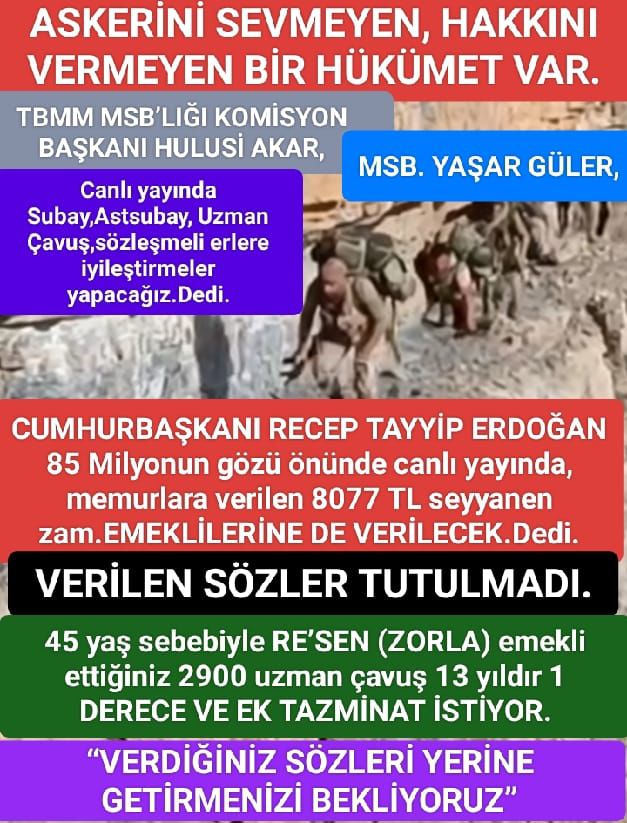 <a href="/alitilkici38/">Ali Tilkici 🇹🇷</a> DÜNYANIN HİÇBİR ÜLKESİ,
VATANI İÇİN TERÖRLE MÜCADELE ETMİŞ,
VATANI İÇİN CANLARINI ORTAYA KOYAN HİÇBİR ASKERİNİ HAK ARAMAK ZORUNDA MAĞDUR BIRAKMAZ.
45 yaş sebebiyle RE’SEN (ZORLA) emekli ettiğiniz uzman çavuşlar HAK VE ADALET arıyor.
Onlar sadece 1 derece ve ek tazminat istiyor.