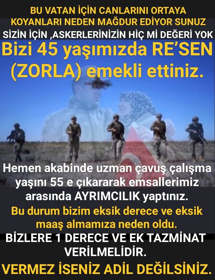 <a href="/alitilkici38/">Ali Tilkici 🇹🇷</a> DÜNYANIN HİÇBİR ÜLKESİ,
VATANI İÇİN TERÖRLE MÜCADELE ETMİŞ,
VATANI İÇİN CANLARINI ORTAYA KOYAN HİÇBİR ASKERİNİ HAK ARAMAK ZORUNDA MAĞDUR BIRAKMAZ.
45 yaş sebebiyle RE’SEN (ZORLA) emekli ettiğiniz uzman çavuşlar HAK VE ADALET arıyor.
Onlar sadece 1 derece ve ek tazminat istiyor.