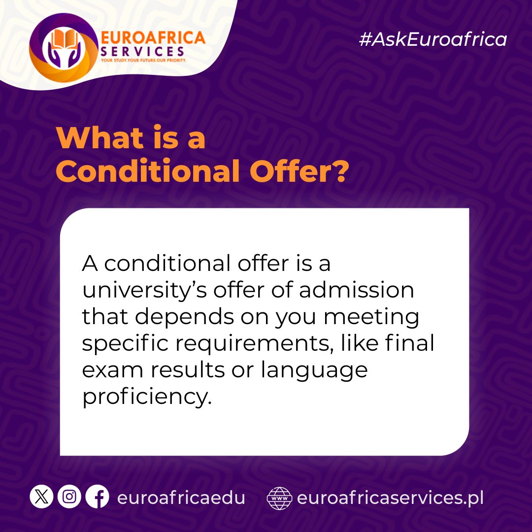 Euroafricaedu's tweet image. A Conditional Offer is a university’s offer of admission that depends on you meeting specific requirements, like final exam results or language proficiency.

#StudyInEurope #StudyAbroad #conditionaloffer #studyinpoland #studyabroadtips