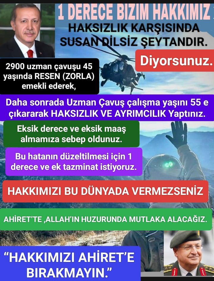 <a href="/alitilkici38/">Ali Tilkici 🇹🇷</a> DÜNYANIN HİÇBİR ÜLKESİ,
VATANI İÇİN TERÖRLE MÜCADELE ETMİŞ,
VATANI İÇİN CANLARINI ORTAYA KOYAN HİÇBİR ASKERİNİ HAK ARAMAK ZORUNDA MAĞDUR BIRAKMAZ.
45 yaş sebebiyle RE’SEN (ZORLA) emekli ettiğiniz uzman çavuşlar HAK VE ADALET arıyor.
Onlar sadece 1 derece ve ek tazminat istiyor.